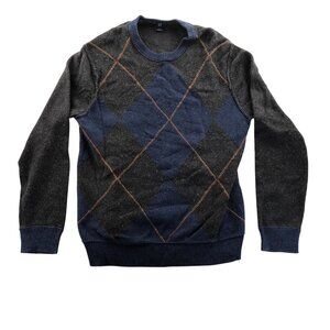 Gap Men's Sweater L Gray & Navy Argyle Pattern Crewneck Long Sleeve Cotton Blend